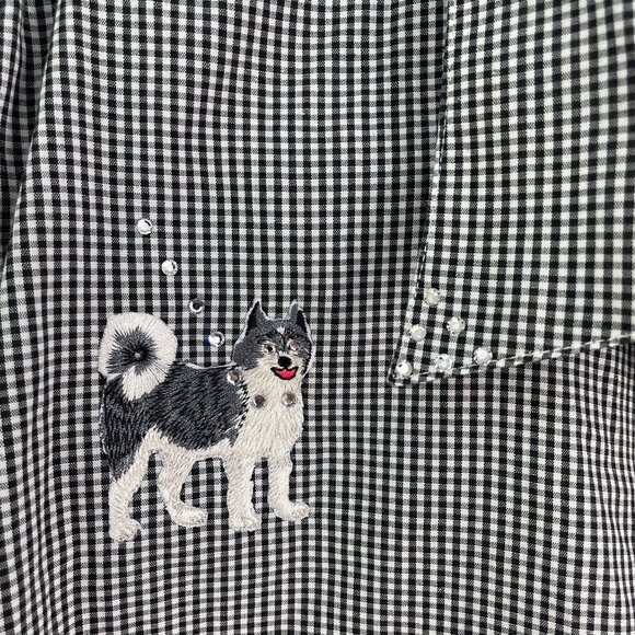 Mili Designs Womens Plus 1X Button Up Shirt Black White Dog Embroidered Gingham - Picture 13 of 15